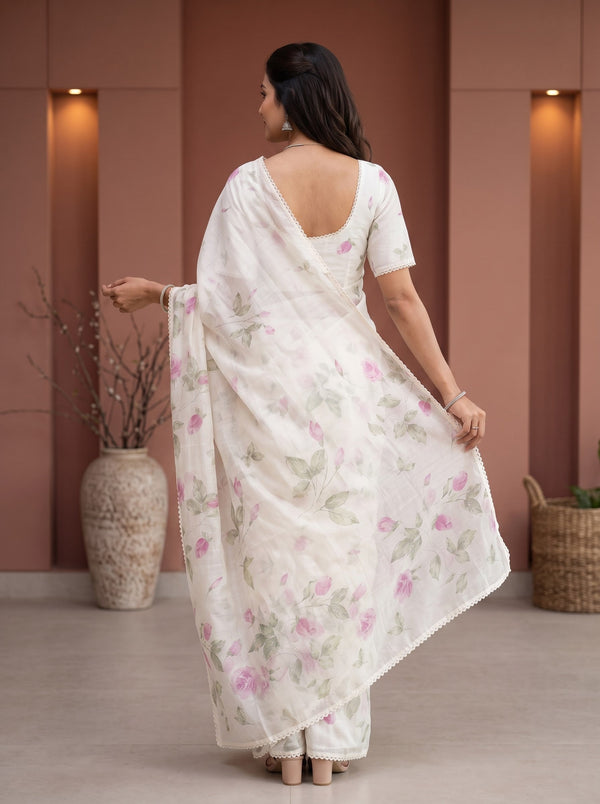 Chanderi Cotton Cream Saree with Pink Rose Floral Print