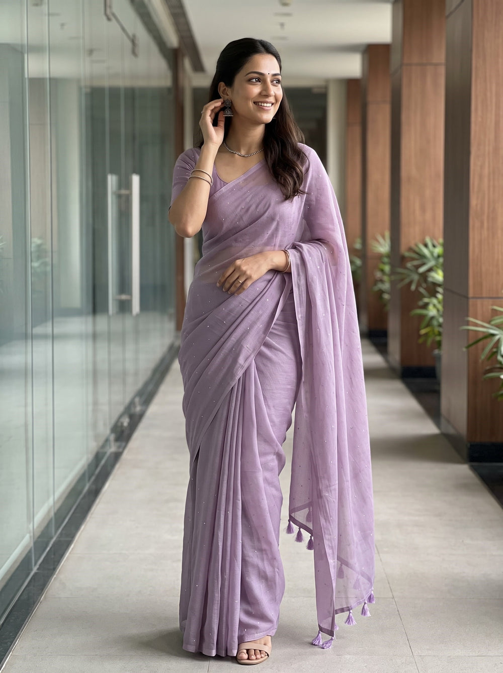 Mul Chanderi Saree in Lavender with Sparkling Sequin Dot Embellishment