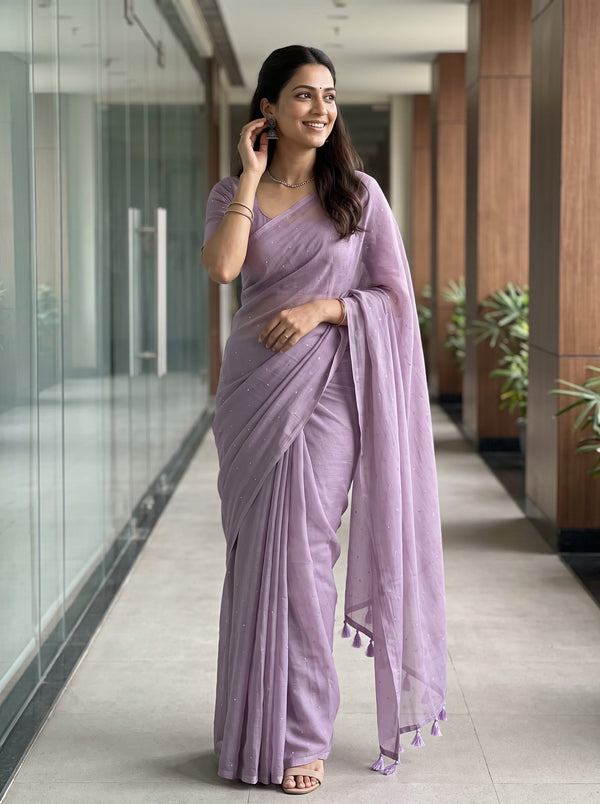 Mul Chanderi Saree in Lavender with Sparkling Sequin Dot Embellishment