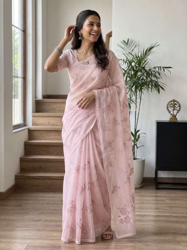 Net Kota Pink Saree with Floral Embroidery and Scalloped Border