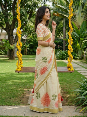 Tissue Cream Large Floral Print Tassel Kerala Saree