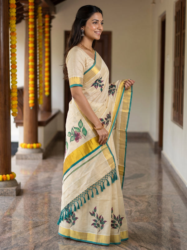 Tissue Cream Leaf Print Onam Special Kerala  Saree with Gold Teal Border