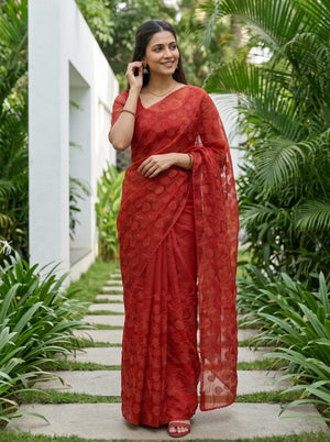 Organza Red Allover Golden Thread Heart Leaf Vine Embroidered Scalloped Edge Saree