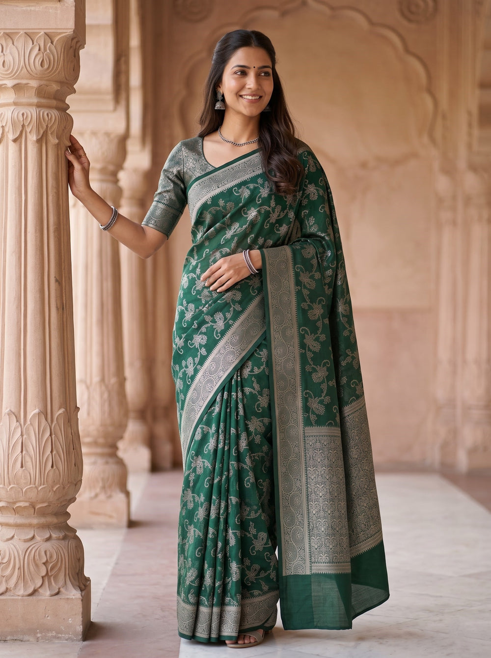 Semi Silk Bottle Green Saree with Zari Floral Vine Design