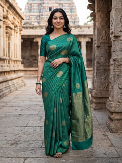 Pure Silk Peacock Green Saree with Golden Zari Butta Pallu and Checks
