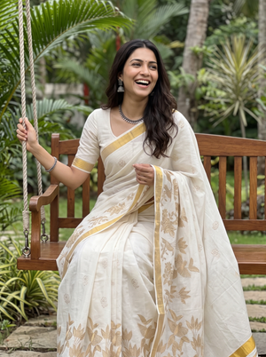 Cotton Cream Golden Bird Floral Embroidered Pallu Kasavu Border Kerala Saree