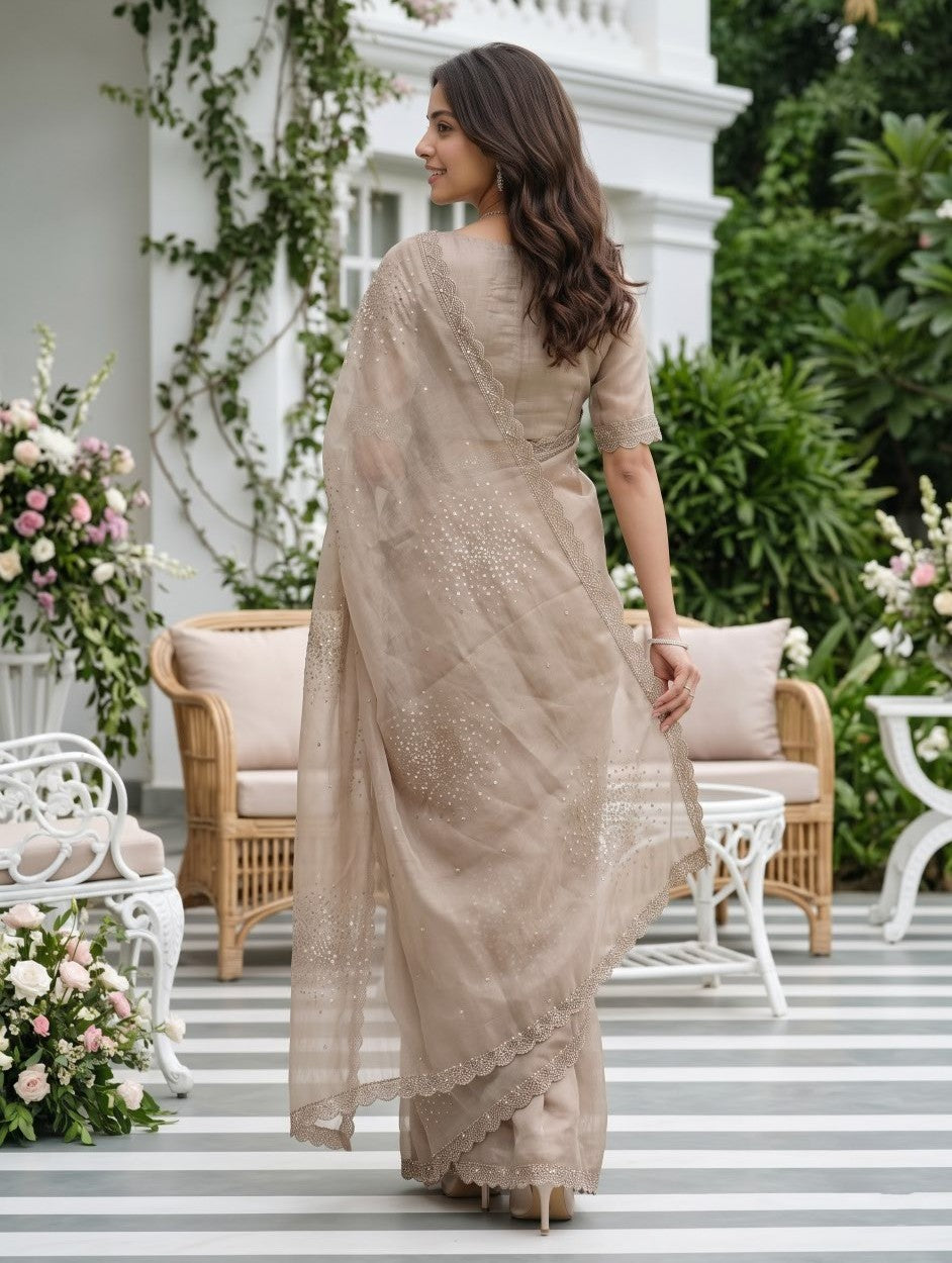 Tissue Silk Taupe Saree with Scattered Sequin Burst Design