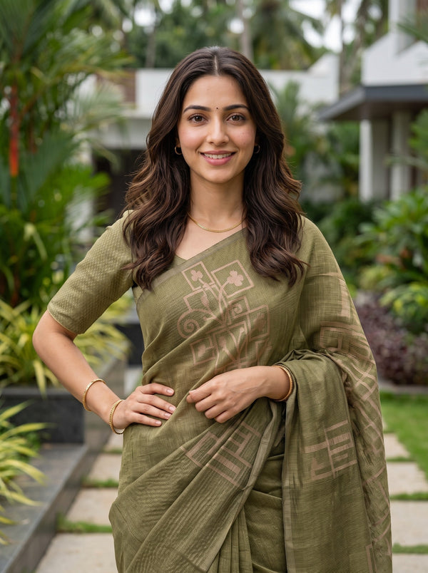 Matka Silk Olive Green Saree with Geometric Trellis and Leaf Jaal Weave