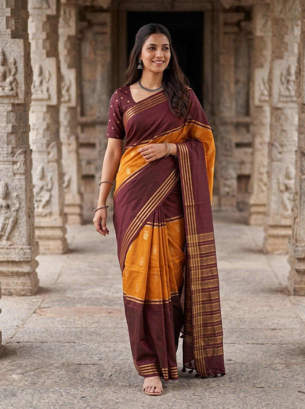 Semi Silk Maroon Saree with Golden Elephant Motif Orange Pallu