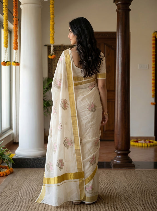 Cotton Cream Floral Basket Motif with Golden Zari Border Onam Special Kerala Saree