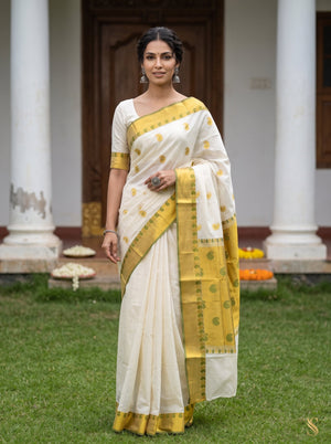 Cotton Cream Off-White Gold Green Paisley Booti Onam Kerala Saree