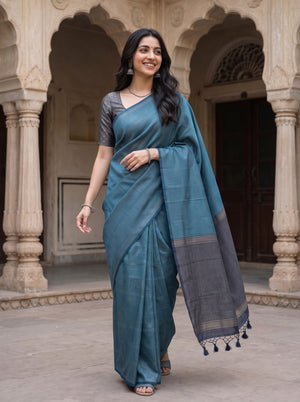 Matka Silk Sky Blue Geometric Weave Contrast Pallu Saree with Tassels