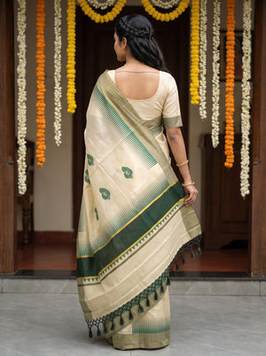 Tissue Cream Golden Green Peacock Motif with Gold Zari Border Onam Special Kerala Saree