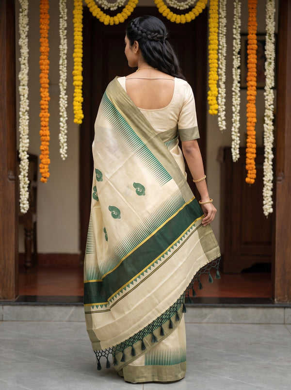 Tissue Cream Golden Green Peacock Motif with Gold Zari Border Onam Special Kerala Saree