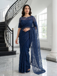 Organza Navy Blue Saree with Sequin Floral Vine Embroidery