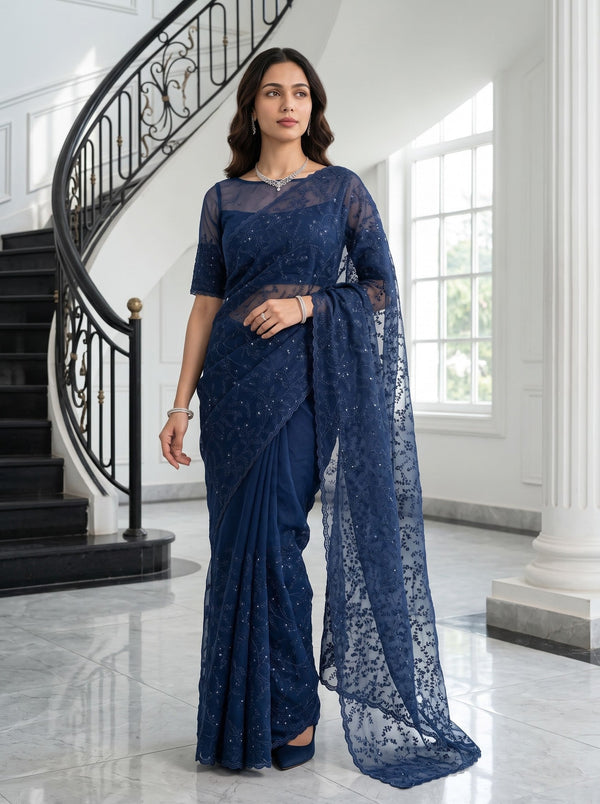 Organza Navy Blue Saree with Sequin Floral Vine Embroidery