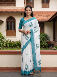 Cotton Off-White Face Print Teal Dip-Dye Border Tassel Saree
