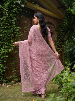 Net Kota Pink Floral Lace Embroidery Saree