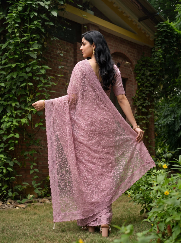 Net Kota Pink Floral Lace Embroidery Saree