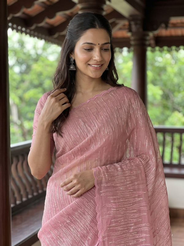 Organza Pink Saree with Abstract Line Embroidery