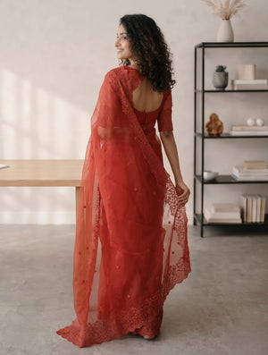 Organza Red Saree with Floral Lace Border