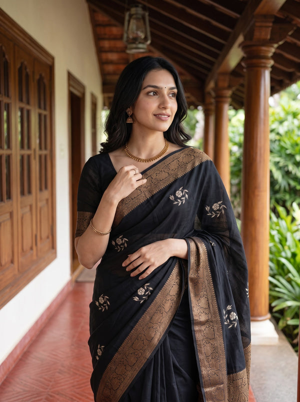 Cotton Silk Black Golden Zari Brocade Diamond Saree