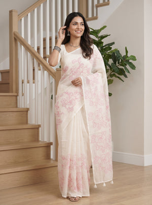 Net Kota Off-White  Saree with Pink Floral Rose Motif