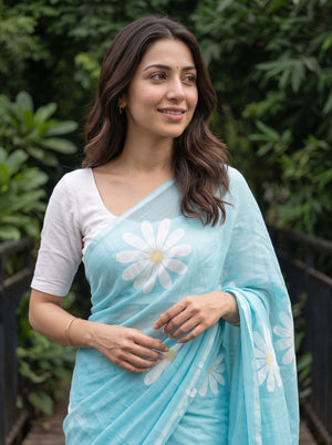 Cotton Turquoise Saree with White Daisy Floral Print