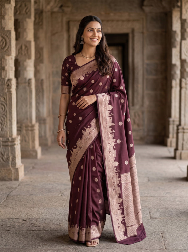 A woman wearing a deep purple and beige Banarasi silk saree with gold polka dots and a detailed beige border, standing in a stone corridor.