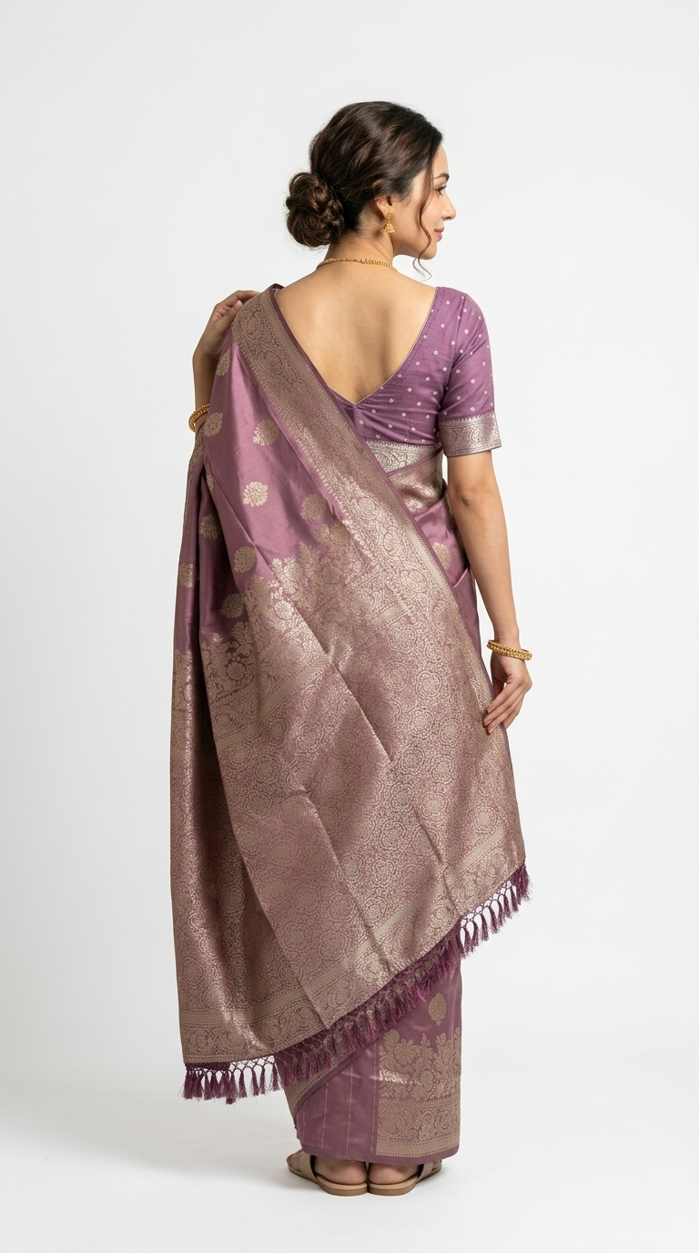 Woman in a purple saree with gold patterns against a textured brown background