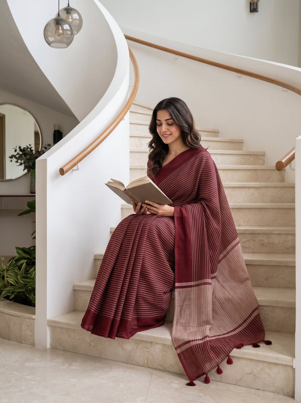 Organza Maroon Saree with Fine Pinstripe Weave