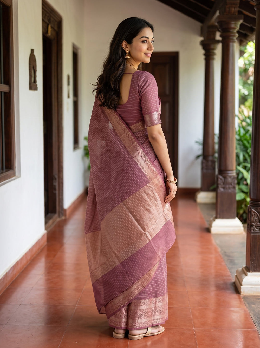 Semi Chanderi Mauve Pink Self Check Golden Zari Geometric Border Saree