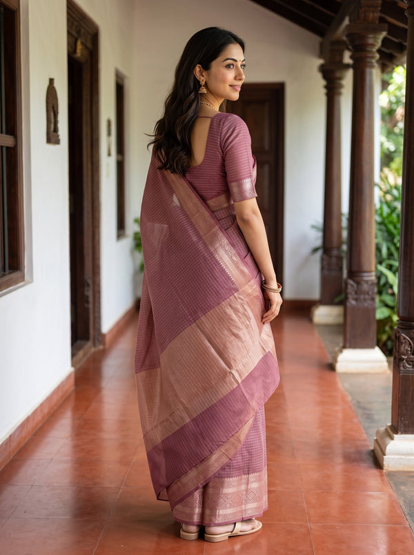 Semi Chanderi Mauve Pink Self Check Golden Zari Geometric Border Saree