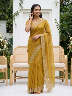 Organza Mustard Yellow White Floral Star Embroidered Sequin Lace Border Scalloped Edge Saree