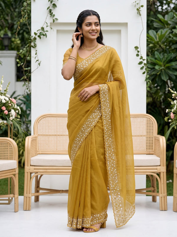 Organza Mustard Yellow White Floral Star Embroidered Sequin Lace Border Scalloped Edge Saree