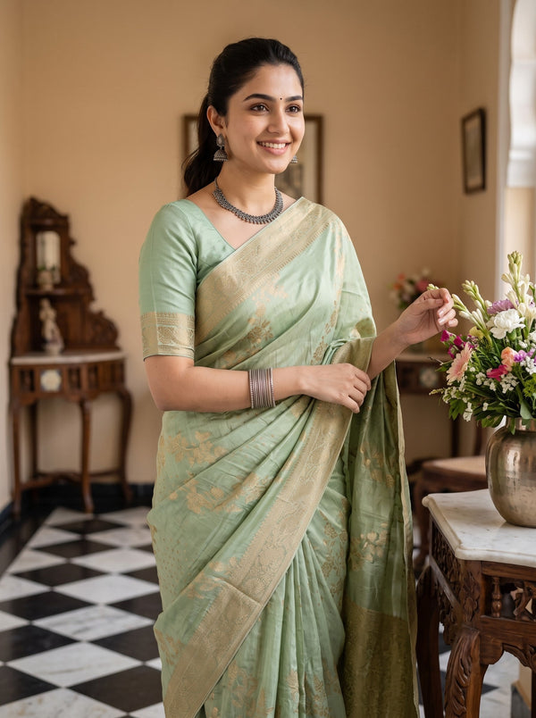 Banarasi Silk Pista Green Allover Floral Saree with Antique Gold Border