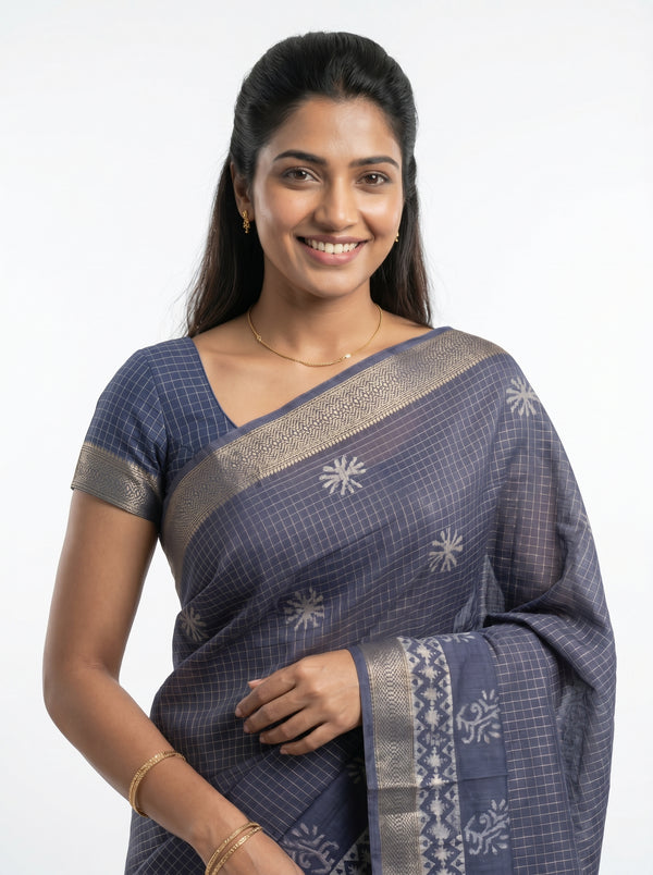 Cotton Silk Navy Blue Checkered Booti Saree with Zari Ikat Border