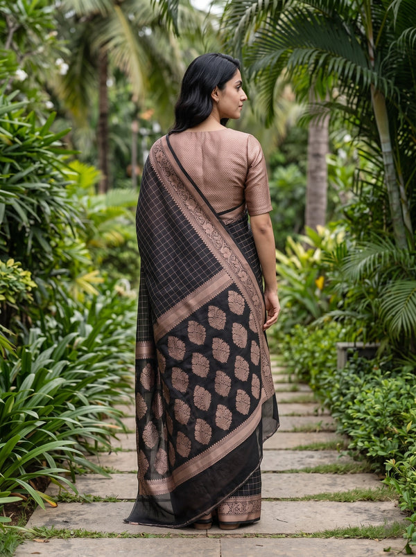 Cotton Silk Black Golden Paisley Floral Butta Pallu Saree