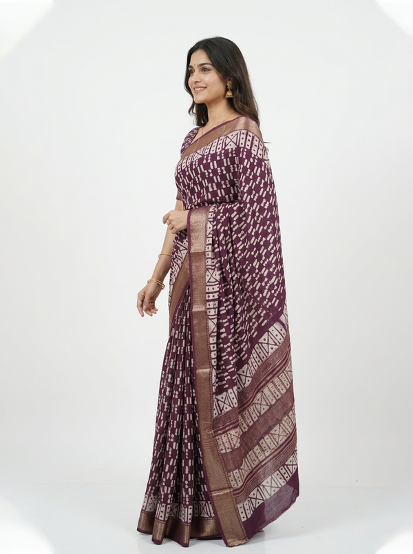 Soft Cotton Wine Maroon Tribal Print Saree with Zari Geometric Border