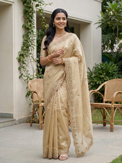Chiffon Champagne Golden Beaded Border Saree