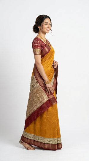 Cotton Ochre Yellow Traditional Border Saree