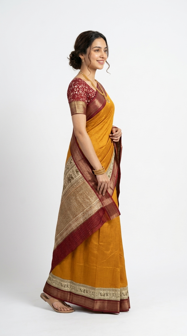 Cotton Ochre Yellow Traditional Border Saree