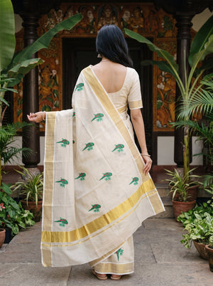 Tissue Cream Golden Green Parrot Embroidered Pallu Broad Kasavu Zari Border Kerala Saree