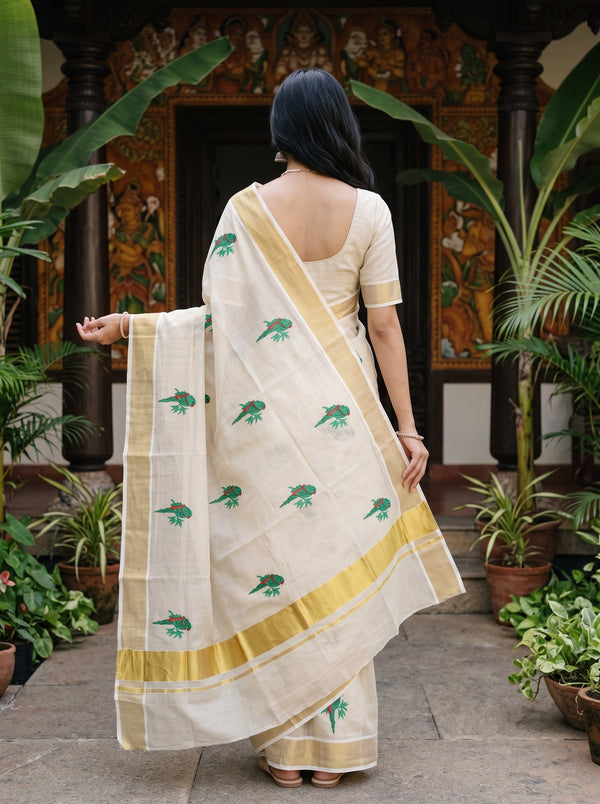 Tissue Cream Golden Green Parrot Embroidered Pallu Broad Kasavu Zari Border Kerala Saree