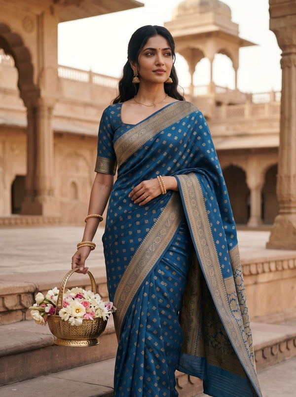 Banarasi Silk Peacock Blue Booti Print Saree with Zari Border