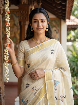 Tissue Cream Golden Coconut Palm & Boat Motif with Zari Border for Onam Special Kerala Saree