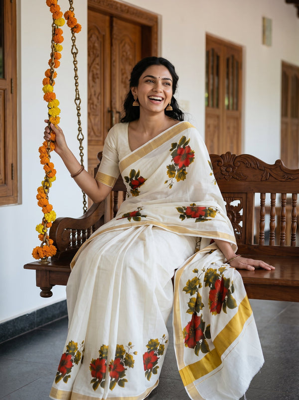 A woman wearing a white saree with red and green floral prints and gold borders, sitting on a wooden swing in a traditional indoor setting.