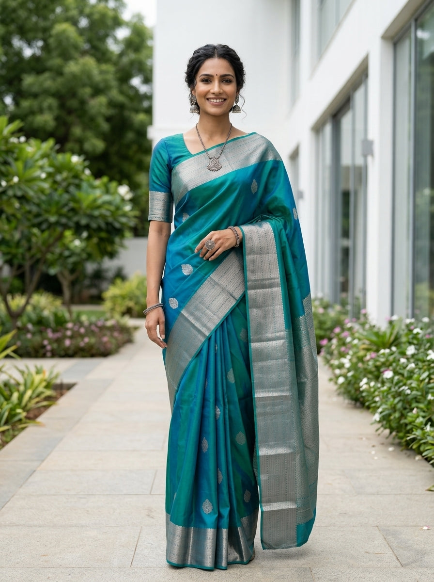 Kanjivaram Silk Teal Blue with Silver Zari Border
