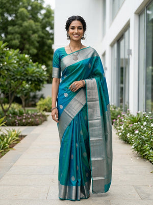 Kanjivaram Silk Teal Blue with Silver Zari Border