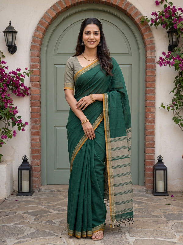 Cotton Bottle Green Grey Striped Mustard Border Saree